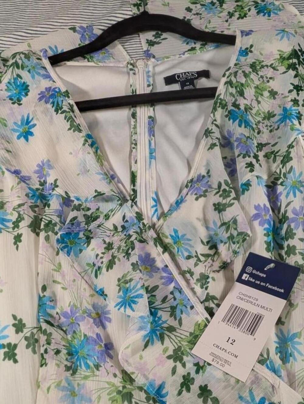 NEW Chaps Ralph Lauren $79 Size 12 White Blue Green Teal Floral Faux Wrap Dress - Picture 12 of 16